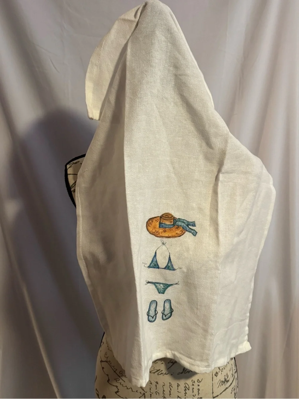 Linen Kitchen Towel white with Summer Bikini & Hat Illustration